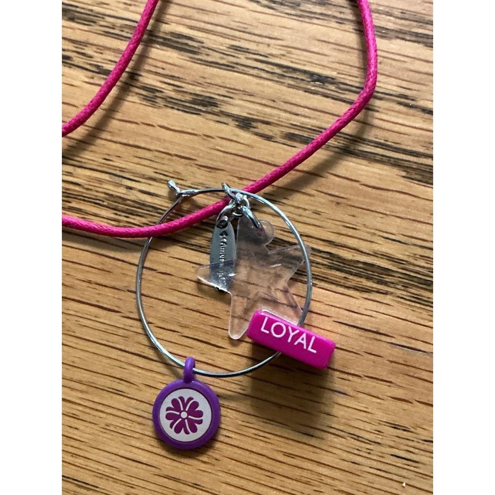American Girl Loyal Star Charm Necklace Pink Cord Purple Flower Silver Hoop Tag